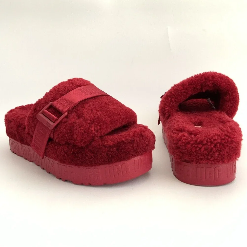 UGG Platform Fluffita Plush Cozy Open-toe Sanals Red 8